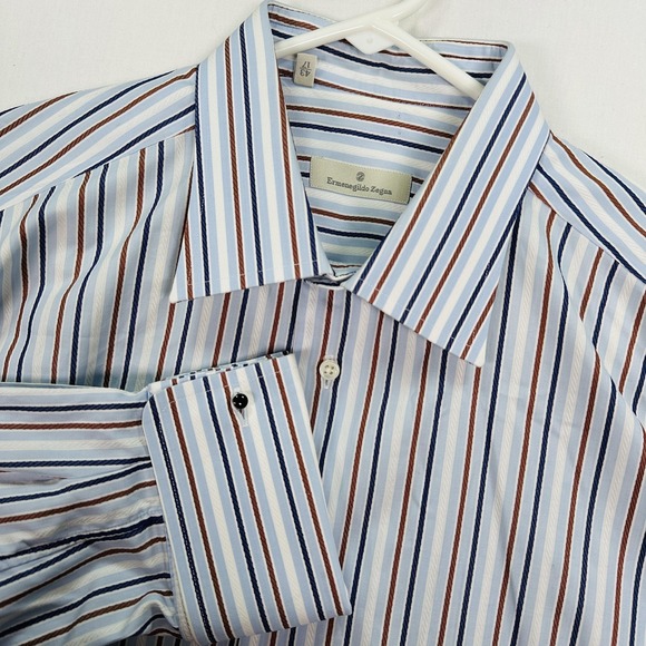 Ermenegildo Zegna Other - Ermenegildo Zegna Dress Shirt Mens 17 French Cuffs Blue Brown Stripe Long Sleeve
